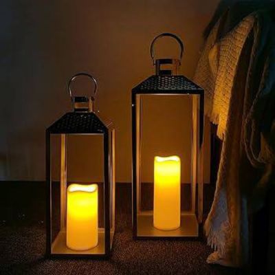 Lanterns Decorative Outdoor Set of 2 19’’&15.5’’ Modern Stainless Steel Lanterns with LED Candles